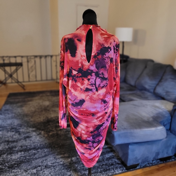 NWOT Bold Elements Pink Watercolor Ruched Long-Sleeve Dress Size XL - Picture 6 of 13